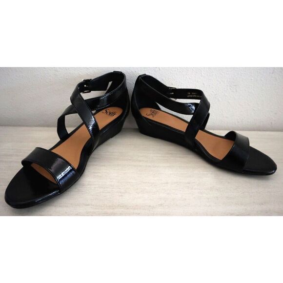 Söfft SF0001311 Women's Sz 11M Black Crinkle Patent Innis Wedge Sandals - Picture 1 of 10